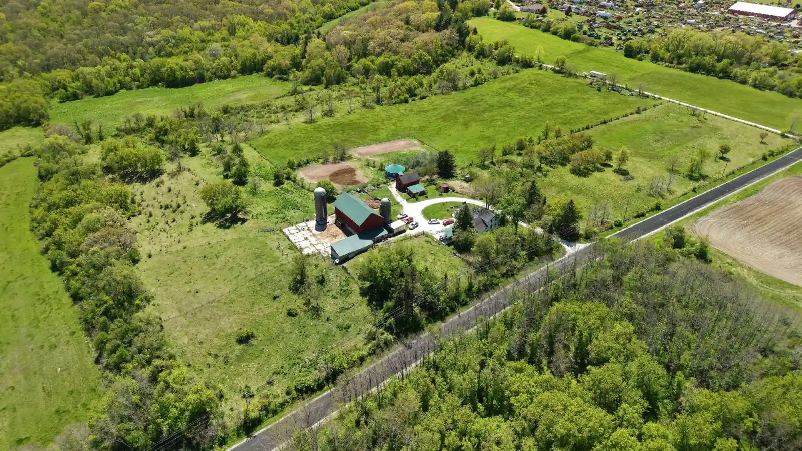 The Goldstein Farm farmstead and fields seen from above Kniep Road, Town of Spring Prairie, Walworth County, Wisconsin